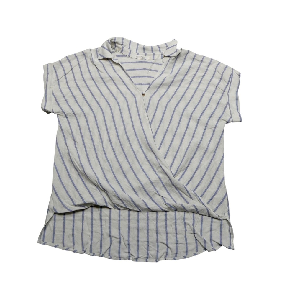 Becool Shirt Womens Large White Blue Stripe Wrap Front Surplice Rayon Linen